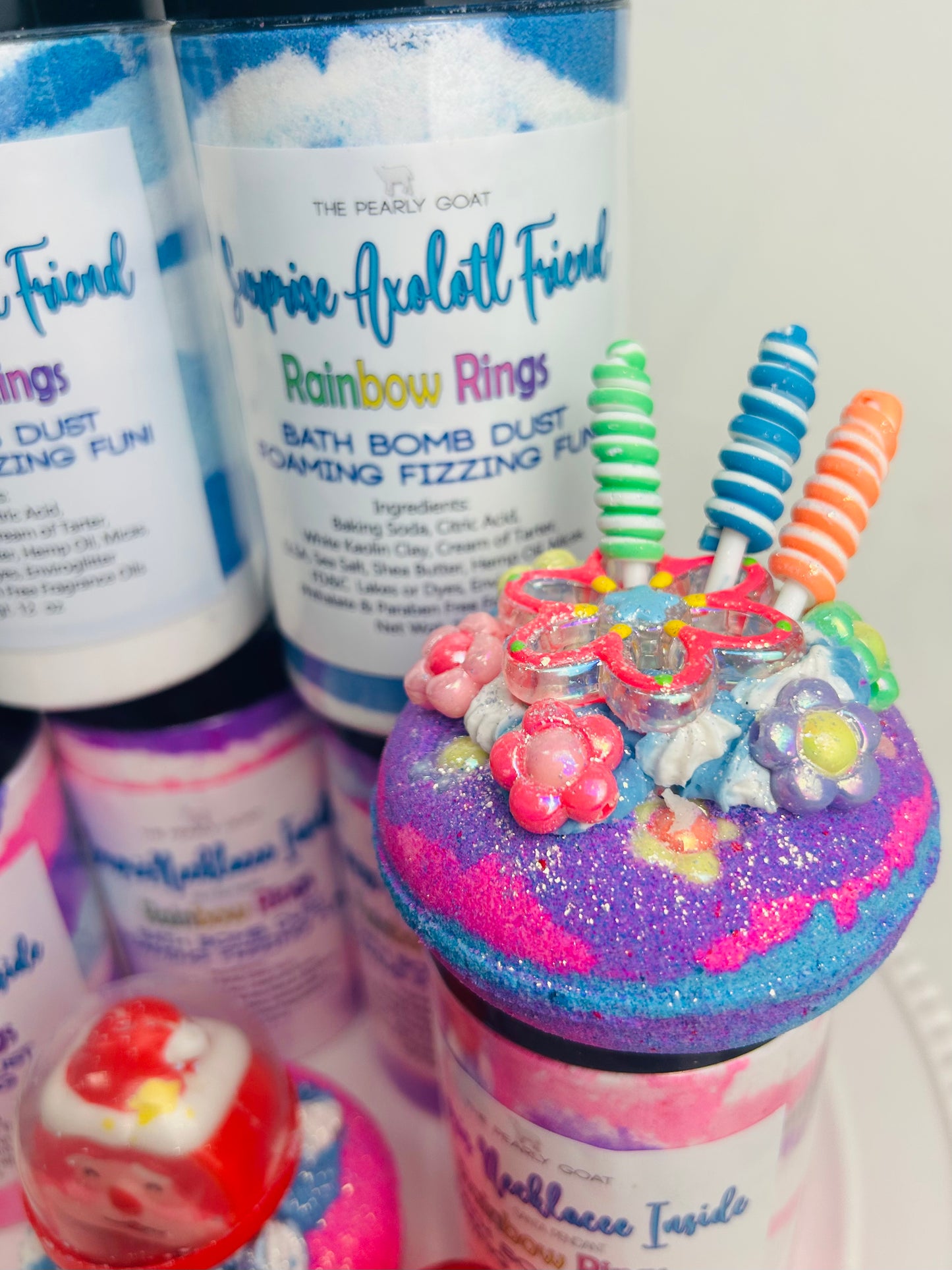 fizzing Foaming Bath Dust - Bath Bombs Bubble Frosting "Fruit loops" & Squishy Toy - Bead Bath Bombs.