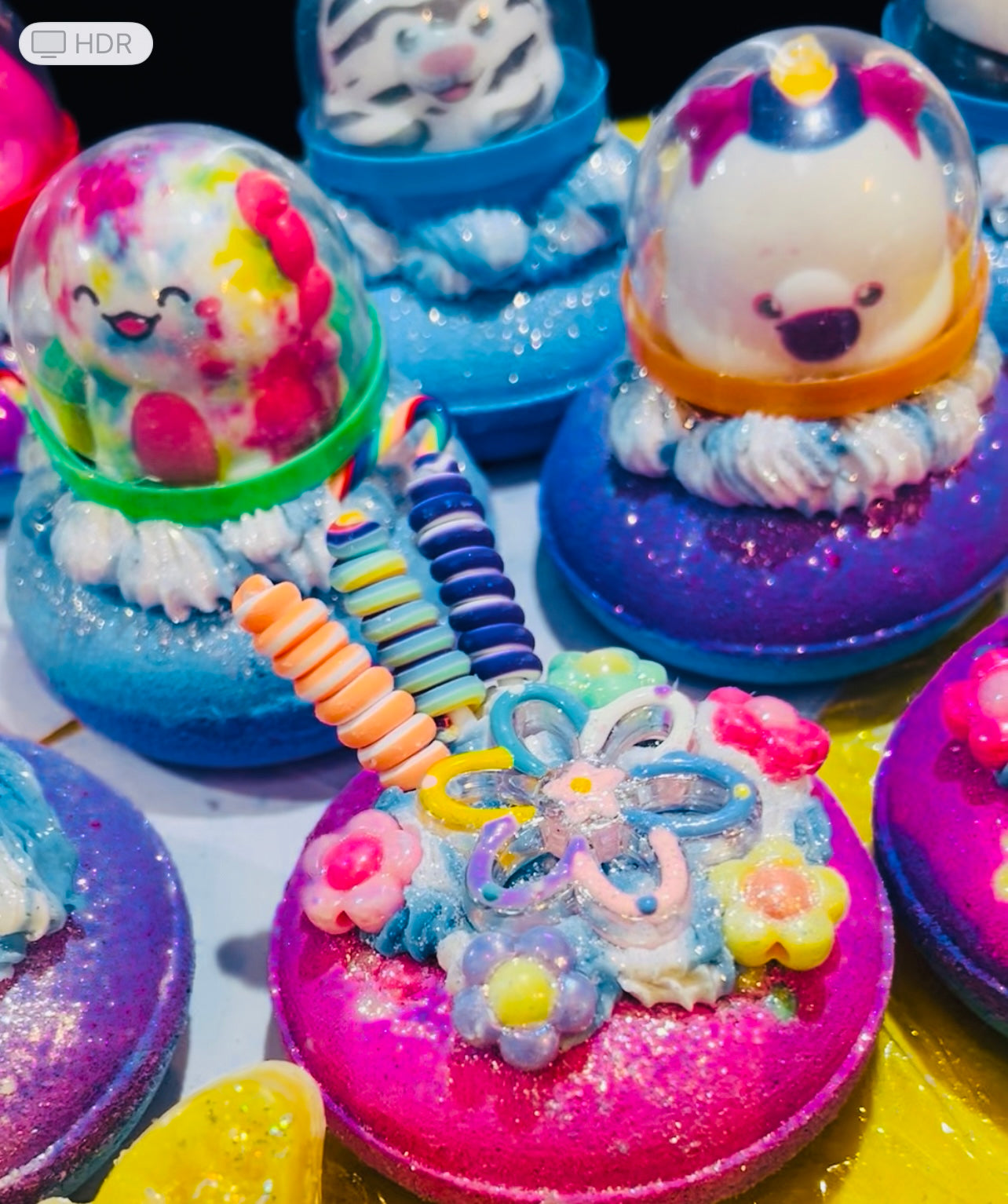 fizzing Foaming Bath Dust - Bath Bombs  Bubble Frosting  "Fruit loops" & Squishy Toy - Bead Bath Bombs.